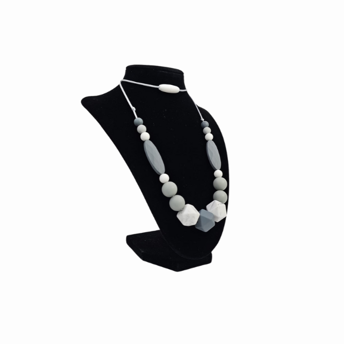 Teething Necklace Grey Stone and White