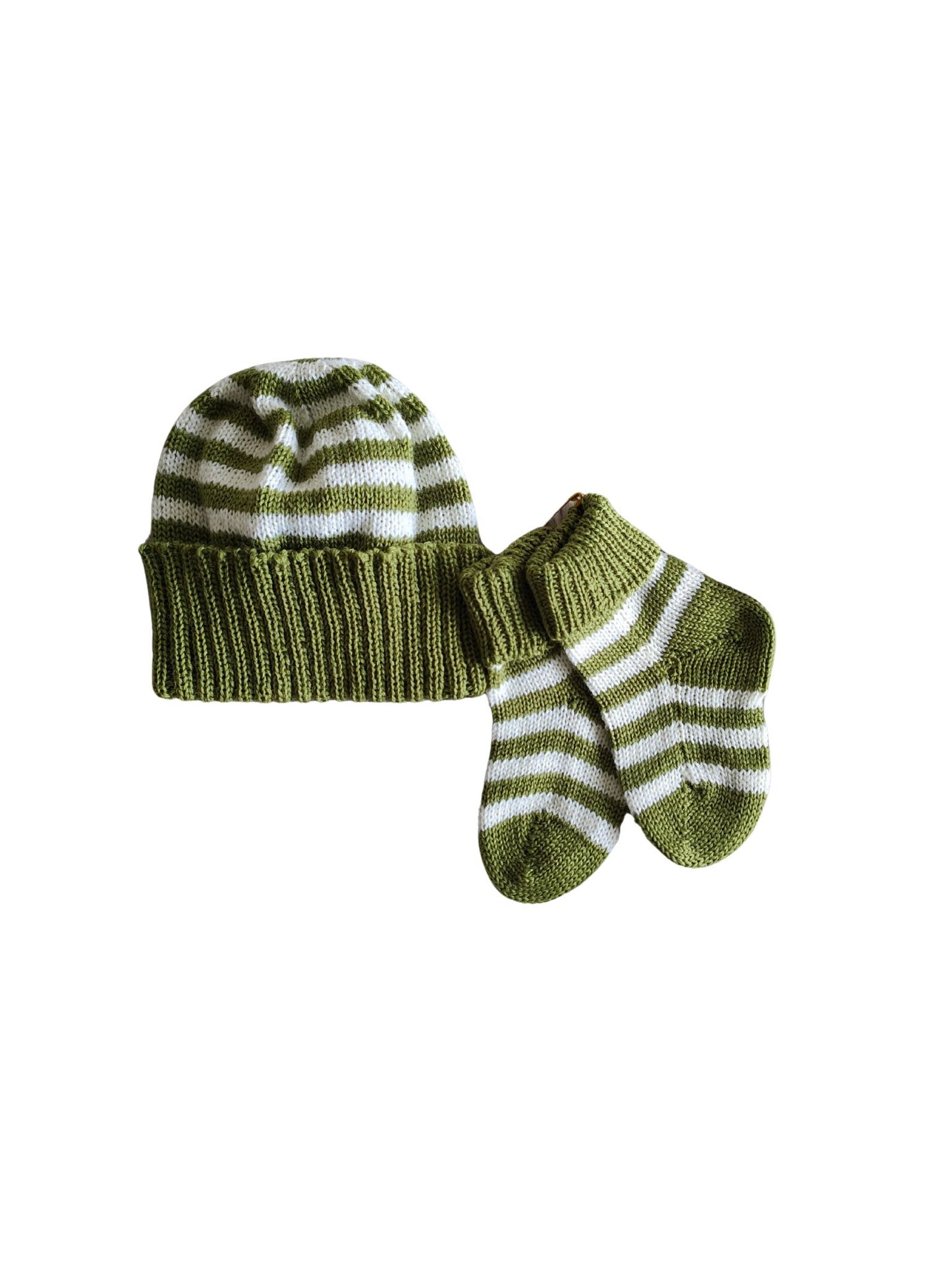 Baby Merino Striped Beanie & Socks | Moss Green | NZ Made