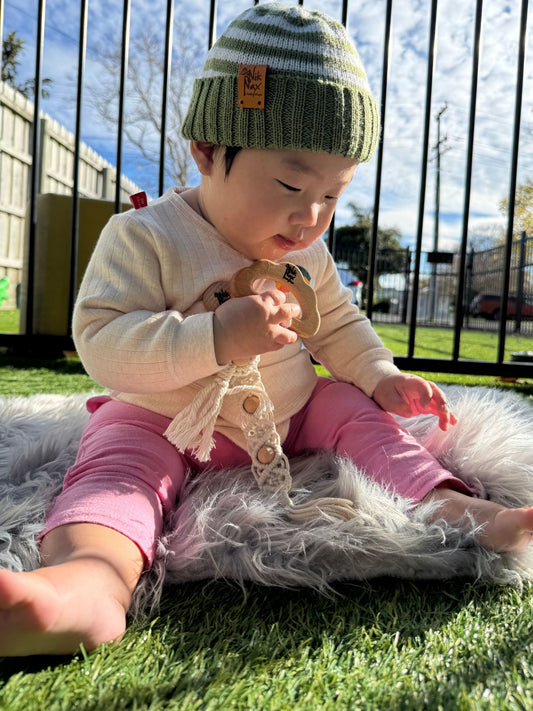 Baby Merino Striped Beanie & Socks | Moss Green | NZ Made