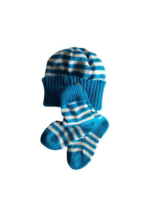 Baby Merino Striped Beanie & Socks | Turquoise | NZ Made